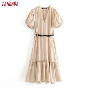 Tangada 패션 여성 단단한 여름 드레스 벨트 새로운 도착 짧은 소매 숙녀 느슨한 미디 드레스 멍청이 3H338 T200603