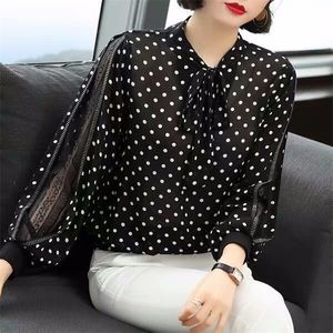 Latarnia Bowknot Lantern Bluzka z długim rękawem Koszula Polka Dot Losowa i cienka moda Top Casual Shirt 210308