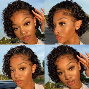 Short Curly Human Hair Wigs Pixie Cut 13X1 Transparent Lace Wig Pre plucked Hairline Wigs For Women