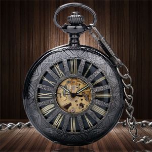 Steampunk Charm Elegante Skeleton Men Watch Trasparente Auto meccanico Retro Vintage Roman Scale Collana Pocket Fob Watch T200502