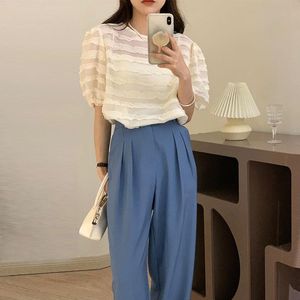 Kvinnors tvåbitar byxor Summer Women Korean Fashion 2 Set Simple O-Neck randig puffhylsa t-shirt veckad bred ben Suftvinnor