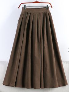 Saias marrom bege outono inverno veludo saia Mulheres 2022 Vintage Midi Long Pleated Lady Lady Casual Cintura A High A Line Skirtskirts