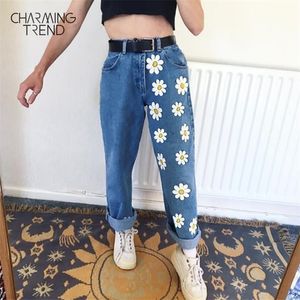 Mode Chic Frau Jeans Hohe Taille Gerade Niedliche Weibliche Denim Lange Hosen Hosen Vintage Gänseblümchen Gedruckt Frauen Jeans 210302