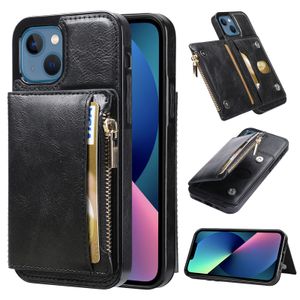 Shockproof Phone Cases for iPhone 13 12 11 Pro Max X XS XR 7 8 Plus Pure Colour PU Leather Dual Buckle Stand Protective Case with Zipper Coin Purse and Card Slots