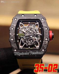 2022 NTPT Carbon Fiber Miyota Automatic Mens Watch All Black Skeleton Dial Yellow Rubber Strap Super Edition Puretime01 3502G7