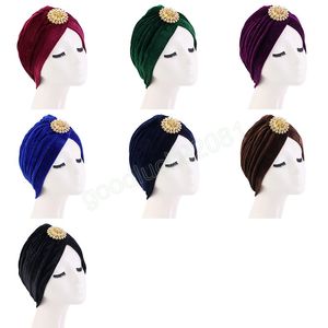 Muslim Fashion Turbans Hijabs For Women Comfortable Women's Headscarf Hats Alloy Diamond Noble Vintage Gold Velvet Indian Hat