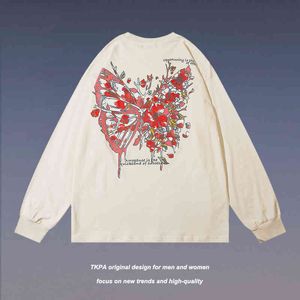 TKPA High Street Hip Hop Butterfly Butterfly Prinha de manga comprida Camiseta masculina Sweater de moda nacional solta