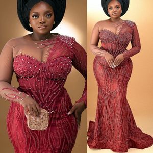 2022 Plus Size Arabic Aso Ebi Burgundy Luxurious Mermaid Prom Dresses Lace Beaded Crystals Evening Formal Party Second Reception Birthday Engagement Gowns Dress