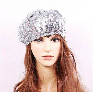 Boinas femininas Glitter Beanie Cap Stretch Ligins Shining Beret Hat Club dança Chique Black Silver Red Gold Pink lantejão hatberets