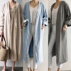 Women Xlong Solid Trench Coats Korean Spring Autumn Pocket Kieszonkowy długi rękaw luźne topy kardiganowe WDC7623 220804