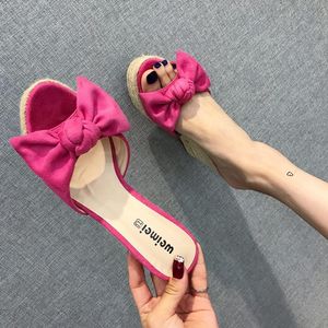 Sandaler Bow Peep Toe Suede Rope Espadrilles Söta bowtie skor tofflor glider pumpar höga klackar ankelband kvinnor kilplattform sandalsosanda