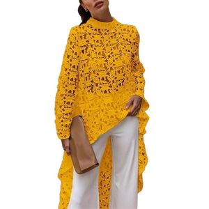 Kvinnors Blusar SHIRTS 2022 Vår Höst Mode Kvinnor Blus Polyester Solid Färg Hål Ut Lace High Low Top Clothing