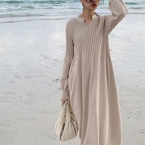 Retro menina francesa chique knitting v-pescoço comprido manga comprida vestido básico mori menina primavera 210401