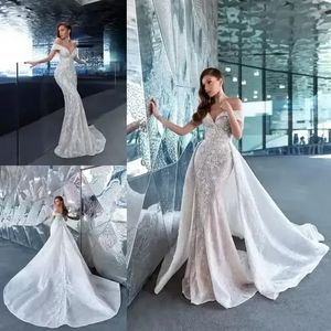 Abito da sposa vintage a sirena in pizzo con strascico staccabile con spalle scoperte Abiti da sposa applicati Arabo Aso Ebi Vestido De Novia Plus Size Tromba BC12354 C0804