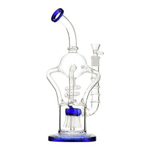 12.4-Inch Bent Neck Recycler Glass Bong with Blue Mouthpiece, Coil Perc, and Tree Percolator - 14mm Female Joint