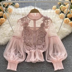 Womens Blouses Shirts Women Spring Autumn Long Sleeve Top Perspective Decal Vintage Dress White/blue/black/purple Lantern Lace Court Styl1