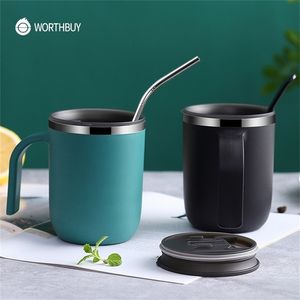 WorthBuy Coffee Mug 304 Rostfritt stål Dubbelskikt Läcksäker mjölkkopp med lock Frukost Te Kitchen Drinkware 220509