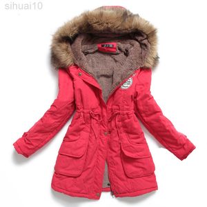 新しい冬の女性ジャケットミディアムロングの厚さとサイズ4xlアウトウェアフード付きワッドコートスリムパーカコットンパッドジャケットオーバーコートL220730