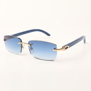 Randlose Sonnenbrille mit blauen Holzstangen und mm Objektiven für Unisex
