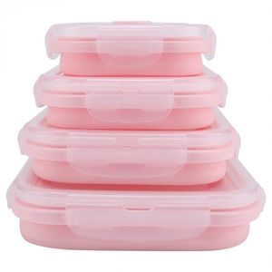 4 Piece Set Pink Food Grade Silicone Lunch Box Folding EcoFriendly Container Bento Collapsible Portable Microwave Fo Y200429