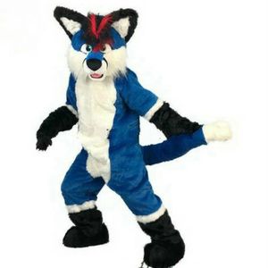 Halloween Blauer Wolf Husky Fuchs Hund Maskottchen Kostüm Langes Fursuit Kleid Weihnachten Cartoon Outfits Pelziger Anzug