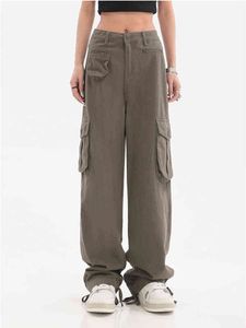 American High Street Hip-Hop Green Garms Womens Summer Design Sense Straight Wide-Leg Disual Neutral Pants Trendy T220728