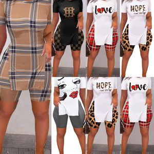 2022 Women's Letter Print 2 Peice Short Set Tracksuits Split Hem Short Sleeve Top Jogger Suit Outfits 3xl