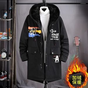 Herrgravrockar fleece vinterjacka män trycker japansk huva lång kappa svart hiphop streetwear tjocka jackor vio22