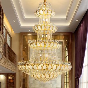 Golden Lotus Crystal Chandeliers LED Modern Big Long Chandelier Lights Fixture European Flower Multi-Layer Hanging Lamps Temple Villa Home Indoor Lighting D150cm