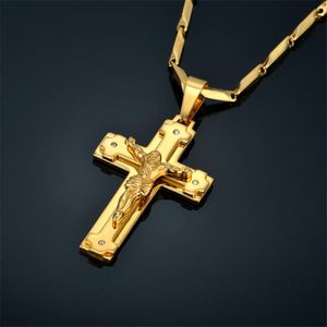 Collane con ciondolo Crocifisso Ciondoli croce per uomo Acciaio inossidabile Colore oro Collana Cristo Gesù Pezzo Gioielli cristiani maschili Pendente