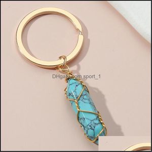 Nyckelringar smycken ny design nyckelring colorf natursten turkos kedjor tråd wrap ring för kvinnor män handväska tillbehör dhso2