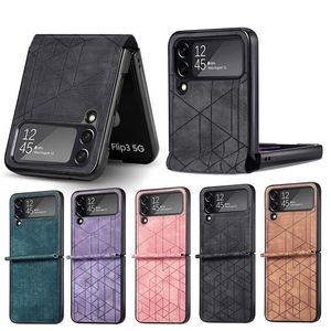 Fashion Geometry Flip Leather Cases For Samsung Galaxy Z Flip 4 Flip4 ZFlip4 Folding Hard PC Plastic Line Lines Stand Holder Smart Phone Mobile Cellphone Cover Pouch