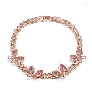 Chokers Hip Hop Pink Crystal Rose Gold Cute Butterfly Pendant Necklace Women's Miami Cuba Curb Chain Rock Charm Jewelry Godl22