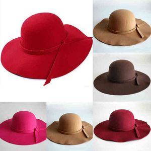 Kvinnor Lady Foldbar Vintage Wide Large Wool Felt Cap Summer BeachTravel Floppy Sun Hat G220301