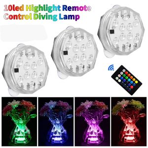 10 LEDs Luz submersível IP68 Controle remoto à prova d'água RGB Luzes subaquáticas Luzes de aquário da lagoa Lâmpada noturna decorativa