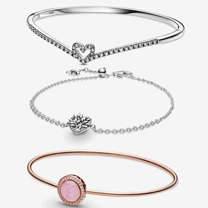 Nuovo 100% argento sterling 925 Rosa Swirl Wishbone Cuore Blu Disco Fibbia Serpente Catena Cuore Albero genealogico Bracciale a catena Gioielli da donna