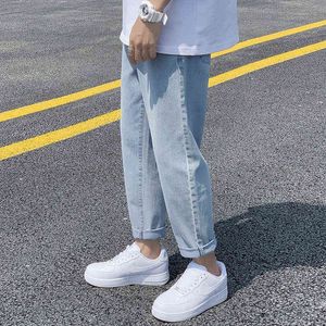 Straight Loose Cropped Jeans Men Korean Streetwear Mens Crop Pants Fashion Casual Denim Trousere Blue Baggy Hip Hop Jean G0104