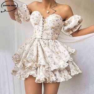 Elegant blommig tryckklänning kvinnlig ruffle puff hylsa vestidos y2k mini klänning chic festkläder korsett av axel streetwear l220706