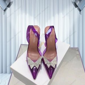 Amina Muaddi Womens Sandals Leather Sole Designer High Heels 10cm Crystal Butterfly Diamond Chain Decoration Banquet Women Purple PVC Wedding Sexy Formal Shoes