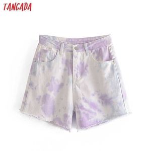 Tangada Women Vintage Tie Daled Print Denim Shorts Zipper Pockets Female Retro Casual Pantalones 3W72 210607