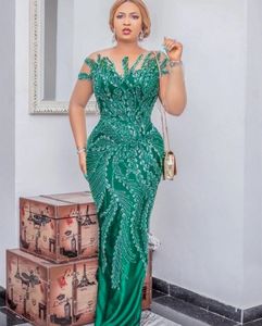 Elegant Green Aso Ebi Evening Dresses 2022 Short Sleeves Mermaid Satin Beaded Sexy Tassels Back With Slit Formal Party Gowns