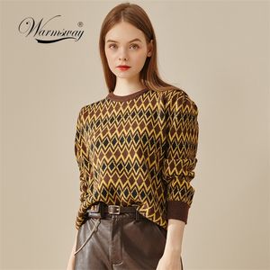 Koreański skoczek mody kobiety 2021 Fall Winter Vintage Geometic Argyle Sweter z długim rękawem Pullover Hit C220 210203