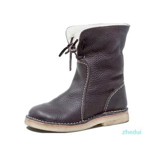 Boots Shoes Ladies Calf-Boots Lace-Up Female Flat Plus-Size Winter Women Solid Sewing Mid Keep-Warm Outwear