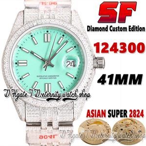 SF EW124300 A2824 Automatisk herrklocka TW126334 JH114300 Diamond Case Stick Markers Turquoise Blue Dial 904l Steel Iced Out Diamonds Armband Eternity Watches