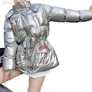 Silber Weiße Jacke Glänzende Winter Frauen 2022 Mit Kapuze Kordelzug Schlanke Baumwolle Verdicken Warme Casual Weibliche Mantel Trendy Outwear L220730