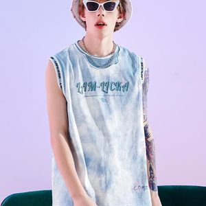 Summer New Mens T-shirts Tie-dye Gradient Printing Letter Sleeveless Vest Fashion Casual Loose Top Breathable Basketball Shirt High-quality Short sleeved