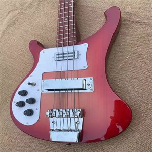 Left hand 4-string custom bass guitar, neck through the body, chrome plated hardware rosewood fingerboard, red paint, white decorative board