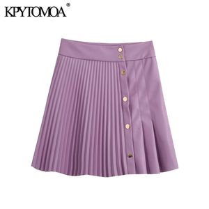 kpytomoa女性シックなファッションプリーツフェイクレザーミニスカートヴィンテージハイウエストボタン女性スカートMujer 210311