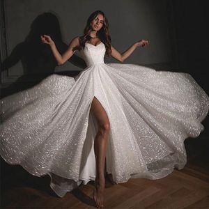 Glitzerndes herzförmiges Abendkleid mit Spaghettiträgern und seitlichem Schlitz aus Tüll, bodenlang, A-Linie, Prinzessin, Übergröße, maßgeschneidertes Prinzessin-Brautkleid Robe De Mari￩e