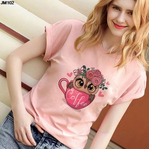 Summer Gothic Women Cute Tee Owl Print T-shirt Fashion Thin Short Sleeve T Shirt Harajuku Casual Pink Top Female Clothing